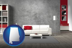 alabama map icon and home furnishings - 3d rendering
