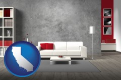 california map icon and home furnishings - 3d rendering