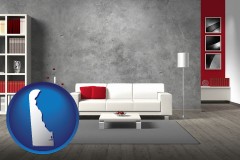 delaware map icon and home furnishings - 3d rendering