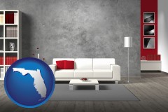 florida map icon and home furnishings - 3d rendering