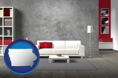 iowa map icon and home furnishings - 3d rendering