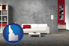 idaho map icon and home furnishings - 3d rendering
