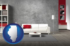 illinois map icon and home furnishings - 3d rendering