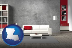louisiana map icon and home furnishings - 3d rendering