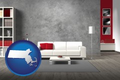massachusetts map icon and home furnishings - 3d rendering