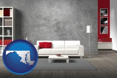 maryland map icon and home furnishings - 3d rendering