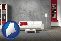 maine map icon and home furnishings - 3d rendering