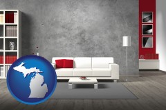 michigan map icon and home furnishings - 3d rendering