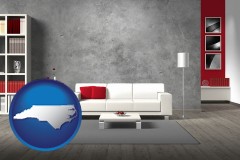 north-carolina map icon and home furnishings - 3d rendering