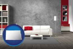 north-dakota map icon and home furnishings - 3d rendering