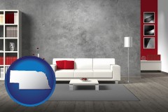 nebraska map icon and home furnishings - 3d rendering