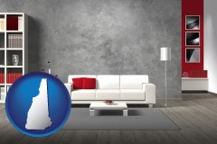 new-hampshire map icon and home furnishings - 3d rendering