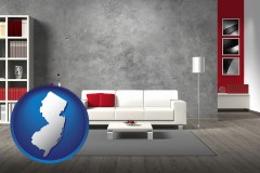 new-jersey map icon and home furnishings - 3d rendering