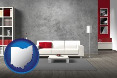 ohio map icon and home furnishings - 3d rendering