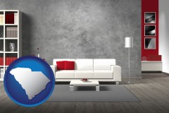 south-carolina map icon and home furnishings - 3d rendering