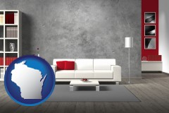wisconsin map icon and home furnishings - 3d rendering