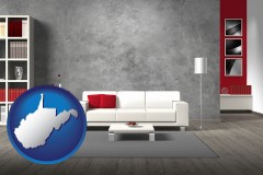 west-virginia map icon and home furnishings - 3d rendering