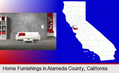 home furnishings - 3d rendering; Alameda County highlighted in red on a map