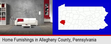 home furnishings - 3d rendering; Allegheny County highlighted in red on a map