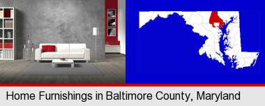 home furnishings - 3d rendering; Baltimore County highlighted in red on a map