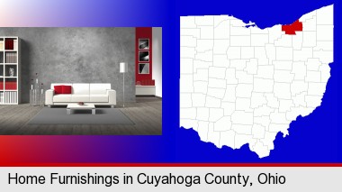 home furnishings - 3d rendering; Cuyahoga County highlighted in red on a map