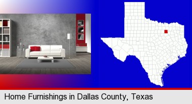 home furnishings - 3d rendering; Dallas County highlighted in red on a map