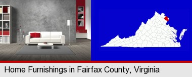 home furnishings - 3d rendering; Fairfax County highlighted in red on a map