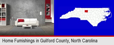 home furnishings - 3d rendering; Guilford County highlighted in red on a map