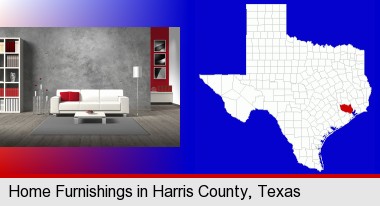 home furnishings - 3d rendering; Harris County highlighted in red on a map
