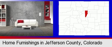 home furnishings - 3d rendering; Jefferson County highlighted in red on a map