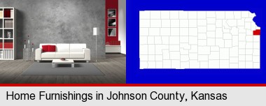 home furnishings - 3d rendering; Johnson County highlighted in red on a map