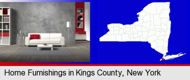 home furnishings - 3d rendering; Kings County highlighted in red on a map