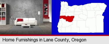 home furnishings - 3d rendering; Lane County highlighted in red on a map