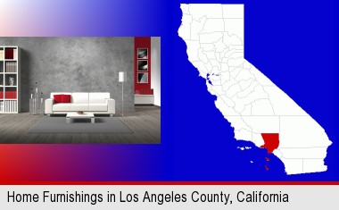home furnishings - 3d rendering; Los Angeles County highlighted in red on a map