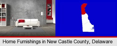 home furnishings - 3d rendering; New Castle County highlighted in red on a map