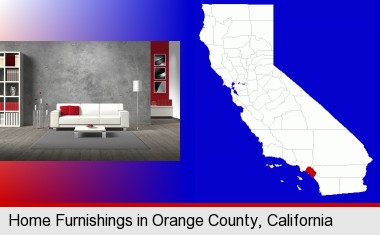 home furnishings - 3d rendering; Orange County highlighted in red on a map