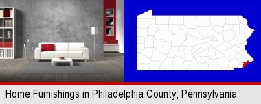home furnishings - 3d rendering; Philadelphia County highlighted in red on a map