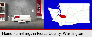 home furnishings - 3d rendering; Pierce County highlighted in red on a map