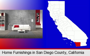 home furnishings - 3d rendering; San Diego County highlighted in red on a map