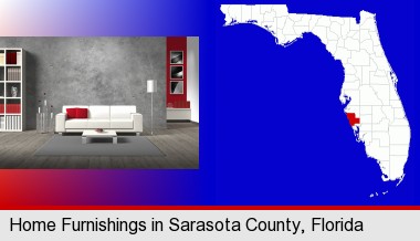 home furnishings - 3d rendering; Sarasota County highlighted in red on a map