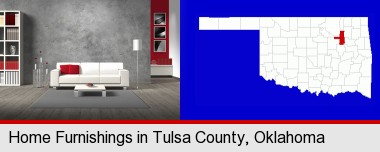 home furnishings - 3d rendering; Tulsa County highlighted in red on a map