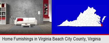home furnishings - 3d rendering; Virginia Beach City County highlighted in red on a map