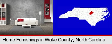 home furnishings - 3d rendering; Wake County highlighted in red on a map