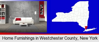home furnishings - 3d rendering; Westchester County highlighted in red on a map