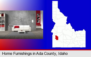 home furnishings - 3d rendering; Ada County highlighted in red on a map
