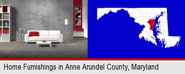 home furnishings - 3d rendering; Anne Arundel County highlighted in red on a map