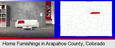 home furnishings - 3d rendering; Arapahoe County highlighted in red on a map