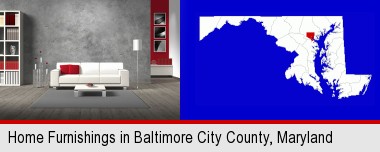 home furnishings - 3d rendering; Baltimore City highlighted in red on a map