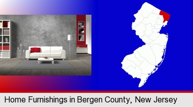 home furnishings - 3d rendering; Bergen County highlighted in red on a map