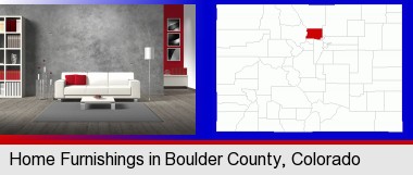 home furnishings - 3d rendering; Boulder County highlighted in red on a map